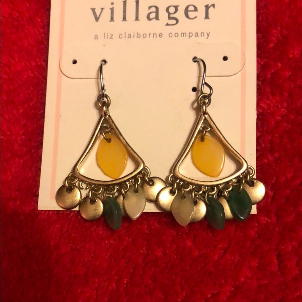 Villager Gold and Green Triangular Earrings